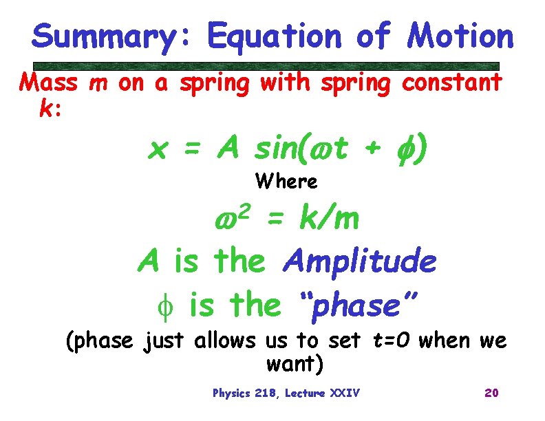 Summary: Equation of Motion Mass m on a spring with spring constant k: x