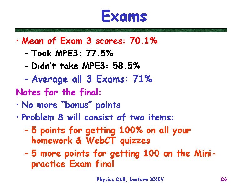 Exams • Mean of Exam 3 scores: 70. 1% – Took MPE 3: 77.