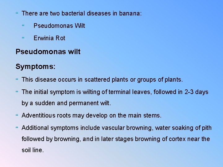  There are two bacterial diseases in banana: Pseudomonas Wilt Erwinia Rot Pseudomonas wilt