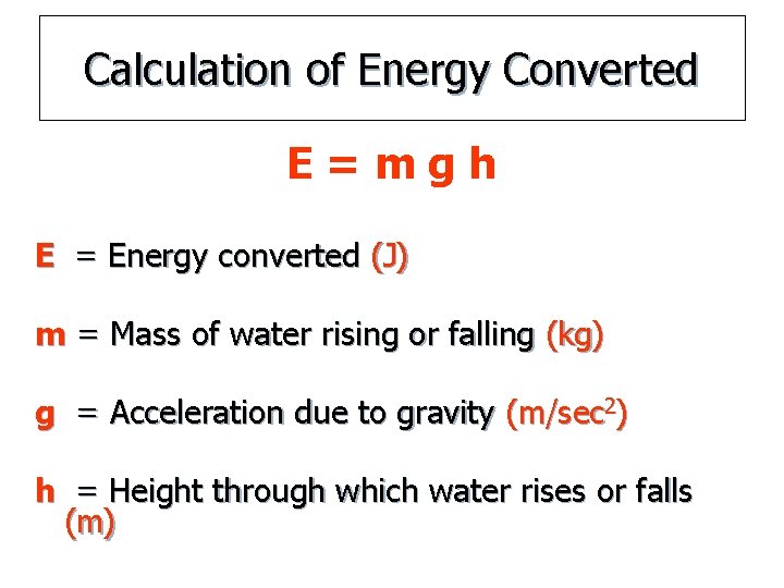 Calculation of Energy Converted E=mgh E = Energy converted (J) m = Mass of