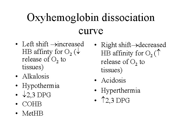 Oxyhemoglobin dissociation curve • Left shift increased HB affinty for O 2 ( release