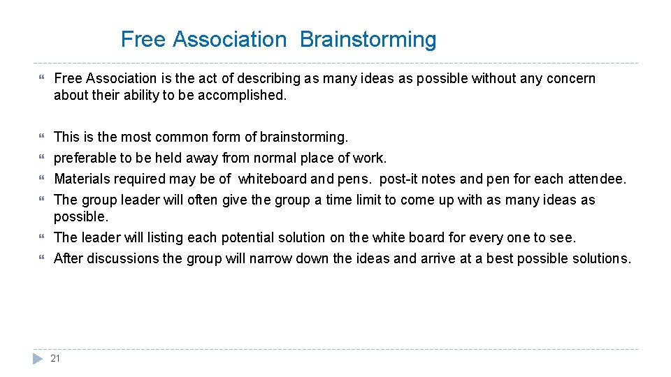 Free Association Brainstorming Free Association is the act of describing as many ideas as