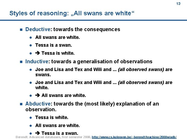 13 Styles of reasoning: „All swans are white“ n n n Deductive: towards the