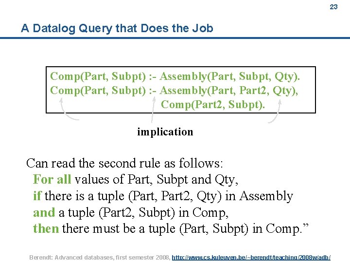 23 A Datalog Query that Does the Job Comp(Part, Subpt) : - Assembly(Part, Subpt,