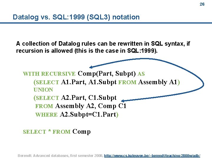 26 Datalog vs. SQL: 1999 (SQL 3) notation A collection of Datalog rules can