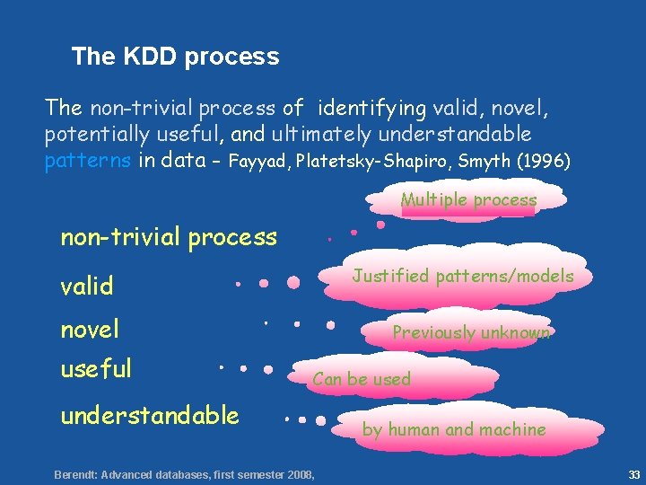 33 The KDD process The non-trivial process of identifying valid, novel, potentially useful, and