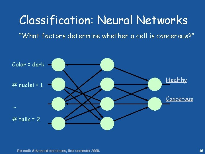 46 Classification: Neural Networks “What factors determine whether a cell is cancerous? ” Color