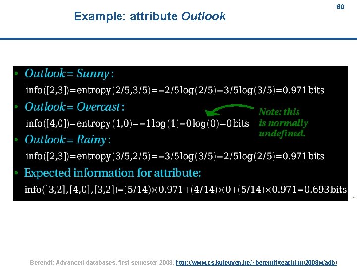 Example: attribute Outlook 60 Berendt: Advanced databases, first semester 2008, http: //www. cs. kuleuven.