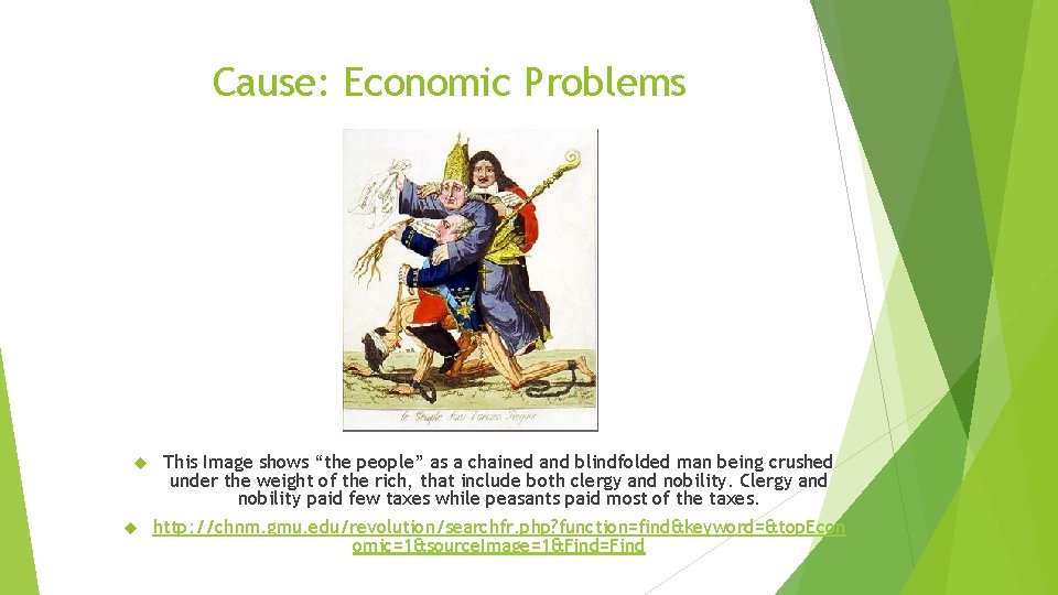 Cause: Economic Problems This Image shows “the people” as a chained and blindfolded man
