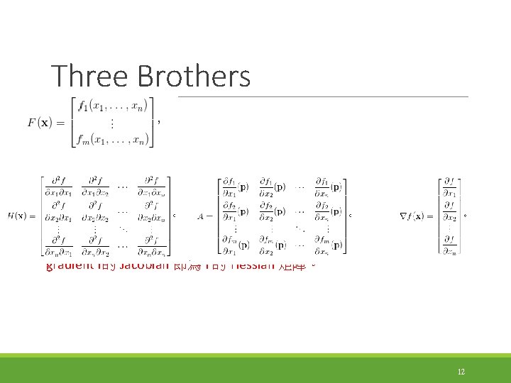 Three Brothers gradient f的 Jacobian 即為 f 的 Hessian 矩陣。 12 