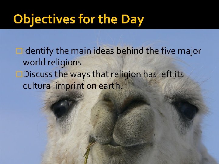 Objectives for the Day �Identify the main ideas behind the five major world religions