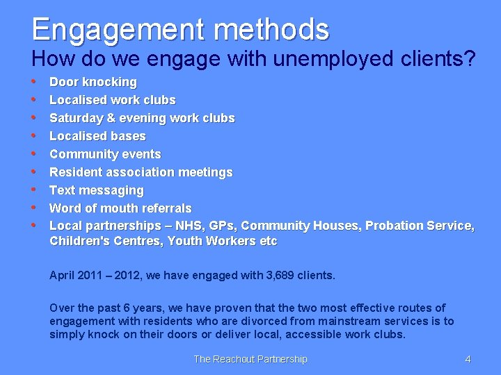Engagement methods How do we engage with unemployed clients? • • • Door knocking