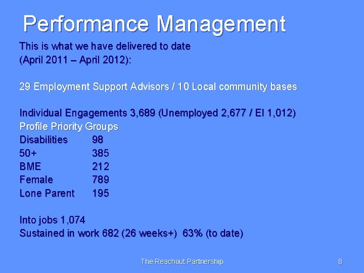 Performance Management This is what we have delivered to date (April 2011 – April