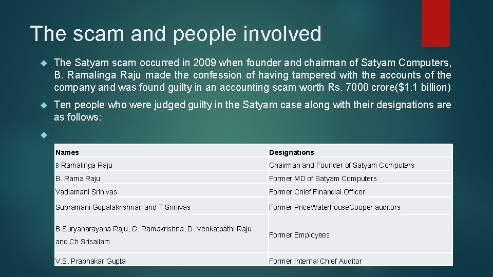 The scam and people involved The Satyam scam occurred in 2009 when founder and