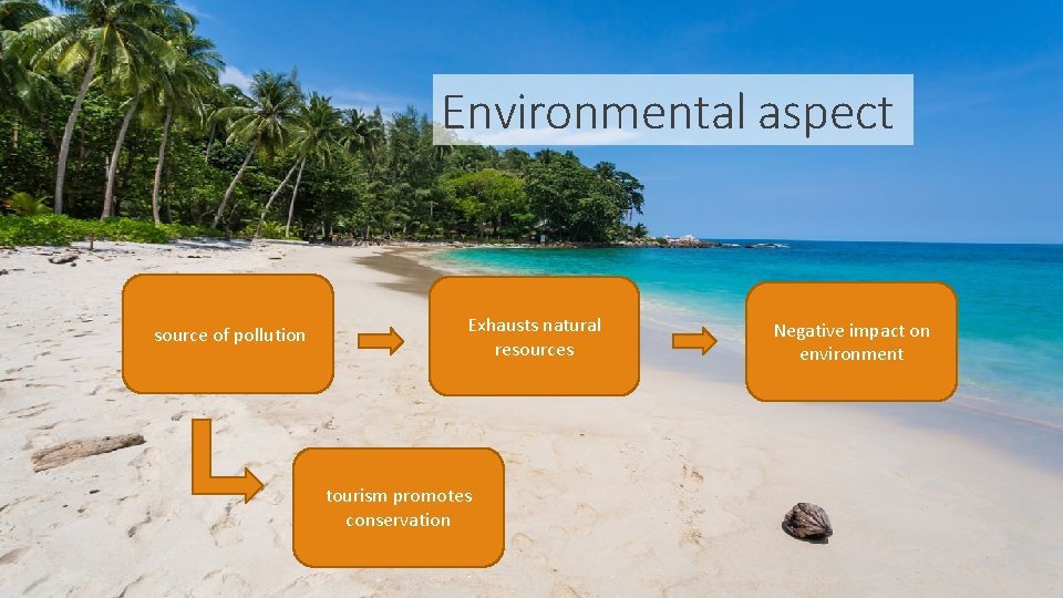 Environmental aspect source of pollution Exhausts natural resources tourism promotes conservation Negative impact on