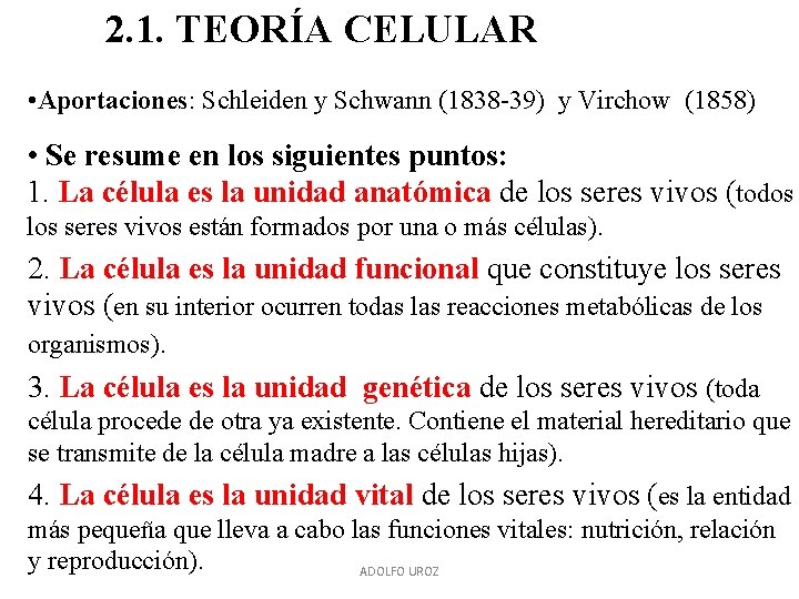 2. 1. TEORÍA CELULAR • Aportaciones: Schleiden y Schwann (1838 -39) y Virchow (1858)