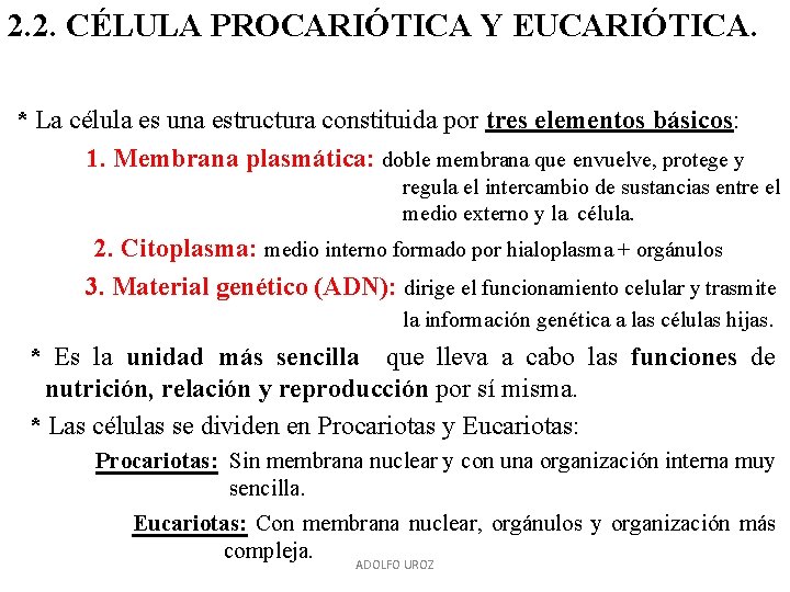 2. 2. CÉLULA PROCARIÓTICA Y EUCARIÓTICA. * La célula es una estructura constituida por