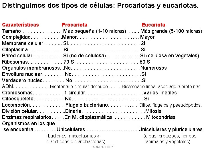 Distinguimos dos tipos de células: Procariotas y eucariotas. Características Procariota Eucariota Tamaño. . .