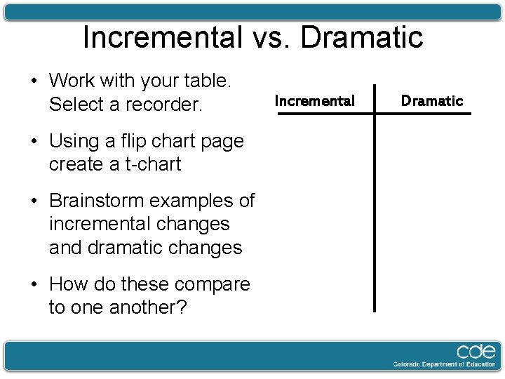 Incremental vs. Dramatic • Work with your table. Select a recorder. • Using a