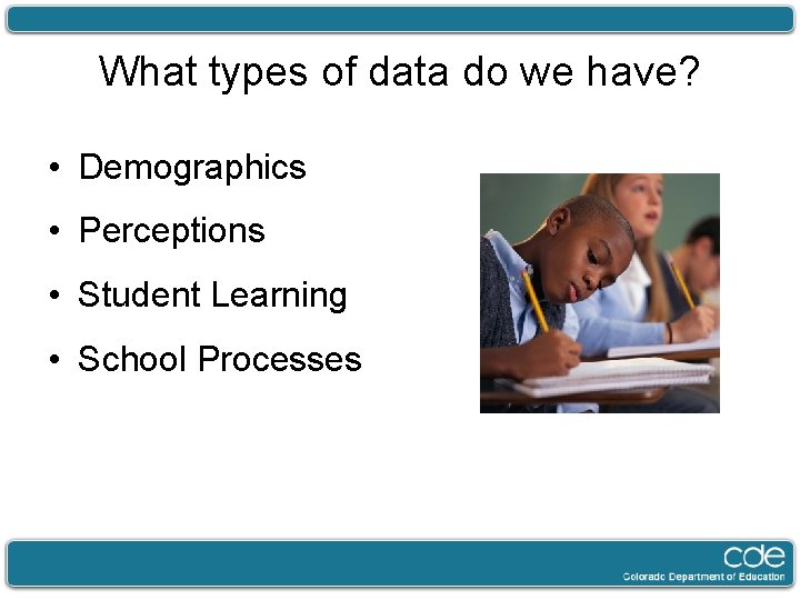 What types of data do we have? • Demographics • Perceptions • Student Learning