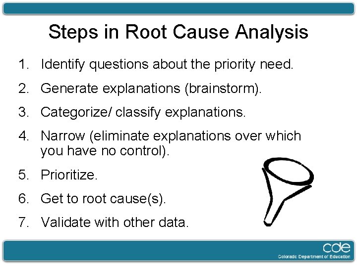 Steps in Root Cause Analysis 1. Identify questions about the priority need. 2. Generate