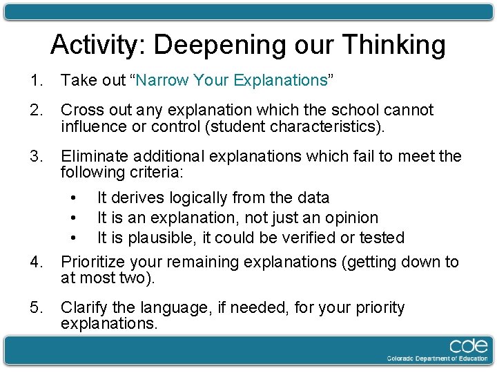 Activity: Deepening our Thinking 1. Take out “Narrow Your Explanations” 2. Cross out any