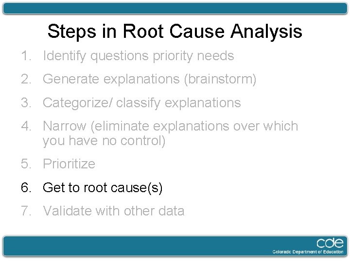Steps in Root Cause Analysis 1. Identify questions priority needs 2. Generate explanations (brainstorm)