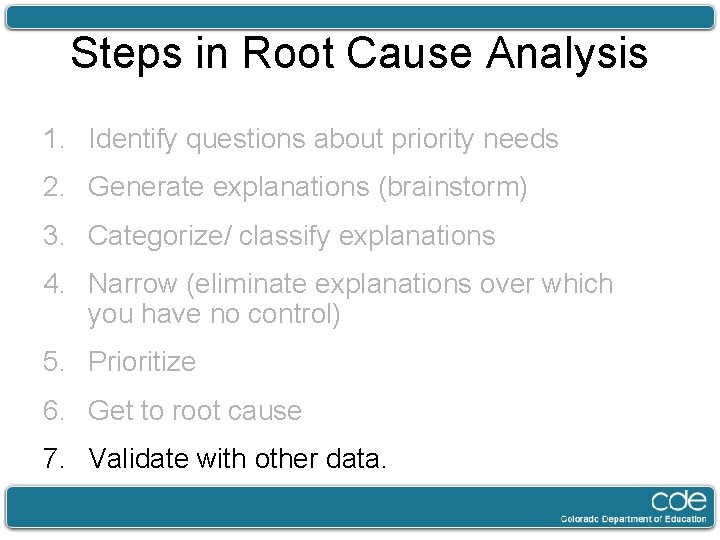 Steps in Root Cause Analysis 1. Identify questions about priority needs 2. Generate explanations