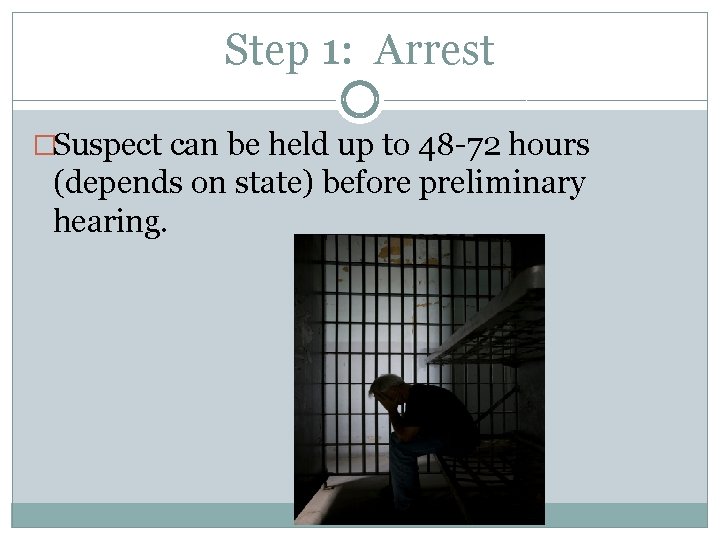Step 1: Arrest �Suspect can be held up to 48 -72 hours (depends on