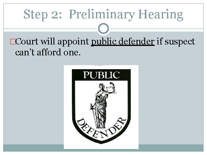 Step 2: Preliminary Hearing �Court will appoint public defender if suspect can’t afford one.