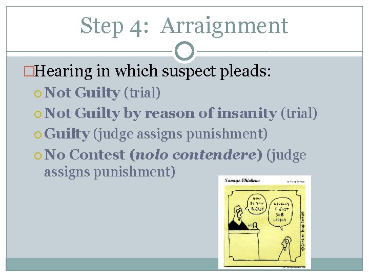 Step 4: Arraignment �Hearing in which suspect pleads: Not Guilty (trial) Not Guilty by