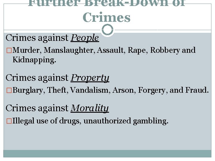 Further Break-Down of Crimes against People �Murder, Manslaughter, Assault, Rape, Robbery and Kidnapping. Crimes