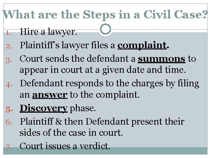 What are the Steps in a Civil Case? 1. 2. 3. 4. 5. 6.