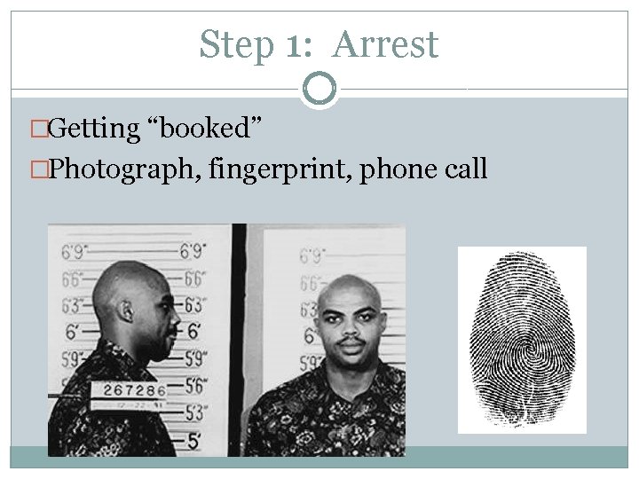 Step 1: Arrest �Getting “booked” �Photograph, fingerprint, phone call 