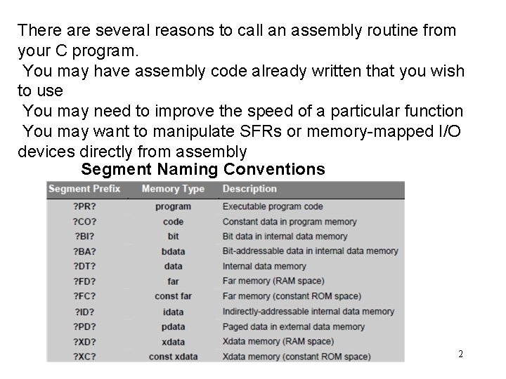 There are several reasons to call an assembly routine from your C program. You