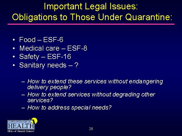 Important Legal Issues: Obligations to Those Under Quarantine: • • Food – ESF-6 Medical