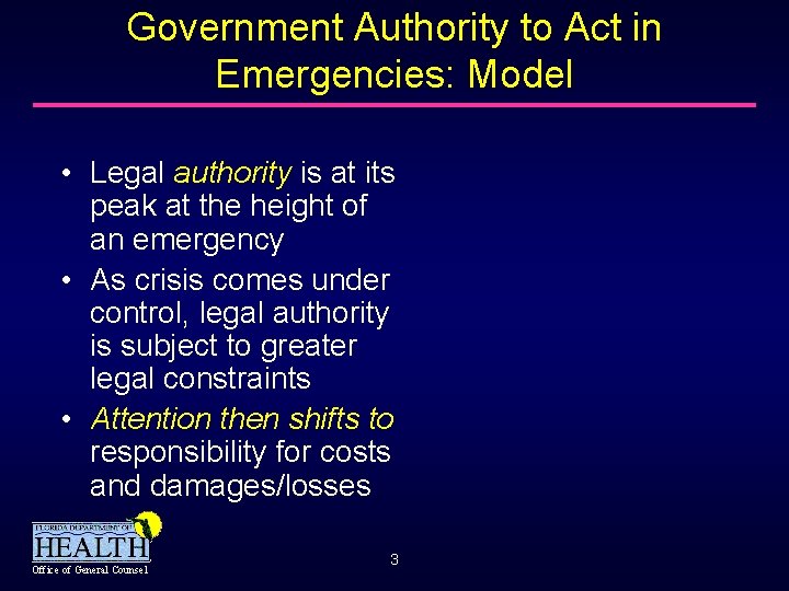 Government Authority to Act in Emergencies: Model • Legal authority is at its peak