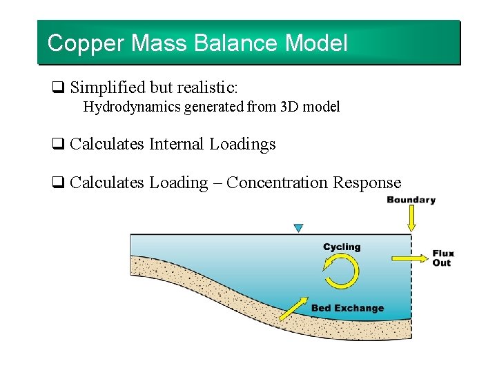 Copper Mass Balance Model q Simplified but realistic: Hydrodynamics generated from 3 D model