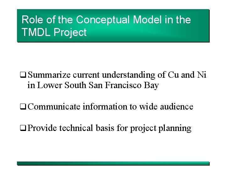 Role of the Conceptual Model in the TMDL Project q Summarize current understanding of