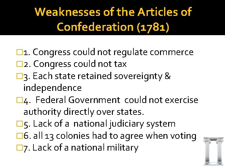 Weaknesses of the Articles of Confederation (1781) � 1. Congress could not regulate commerce