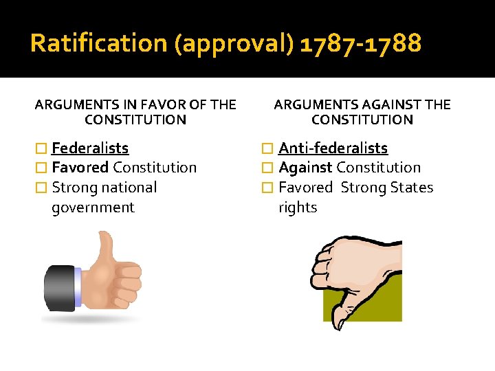 Ratification (approval) 1787 -1788 ARGUMENTS IN FAVOR OF THE CONSTITUTION � Federalists � Favored