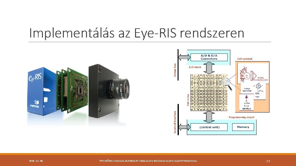 Implementálás az Eye-RIS rendszeren 2019. 11. 08. TÉR-IDŐBELI VIZUÁLIS JELENSÉGEK VIZSGÁLATA BIOLÓGIAI ALAPÚ ALGORITMUSOKKAL