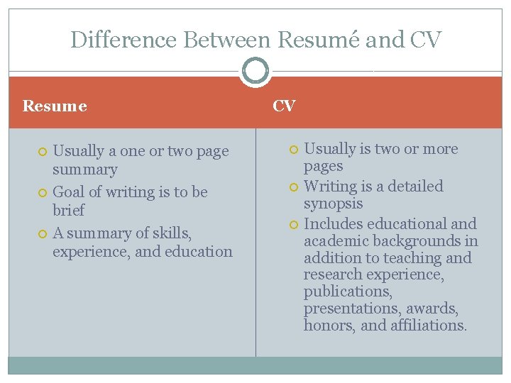 Difference Between Resumé and CV Resume Usually a one or two page summary Goal