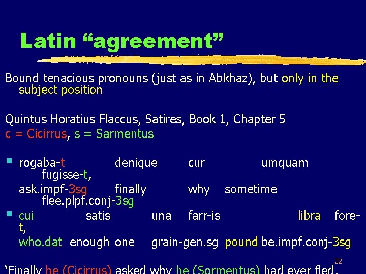 Latin “agreement” Bound tenacious pronouns (just as in Abkhaz), but only in the subject
