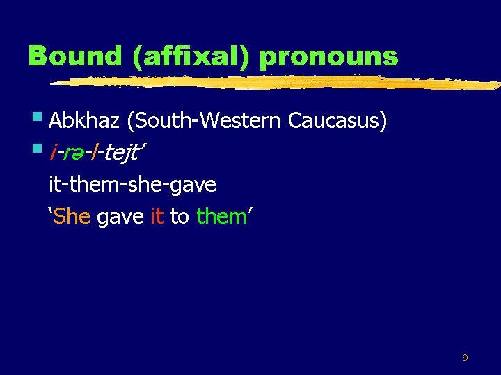 Bound (affixal) pronouns § Abkhaz (South-Western Caucasus) § i-rə-l-tejt’ it-them-she-gave ‘She gave it to