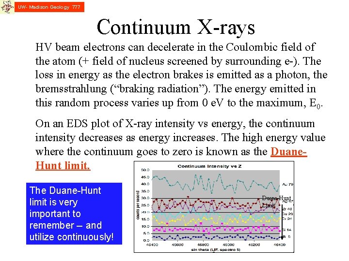 UW- Madison Geology 777 Continuum X-rays HV beam electrons can decelerate in the Coulombic
