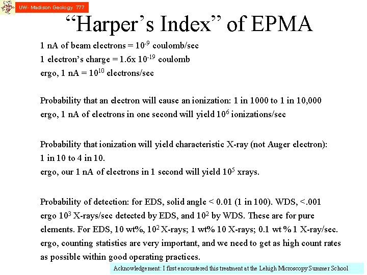 UW- Madison Geology 777 “Harper’s Index” of EPMA 1 n. A of beam electrons
