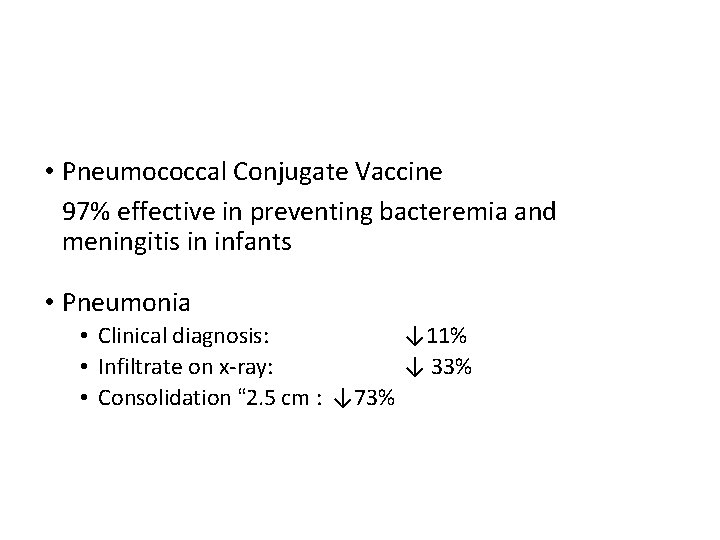  • Pneumococcal Conjugate Vaccine 97% effective in preventing bacteremia and meningitis in infants