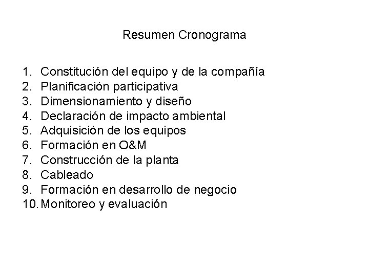 Resumen Cronograma 1. Constitución del equipo y de la compañía 2. Planificación participativa 3.