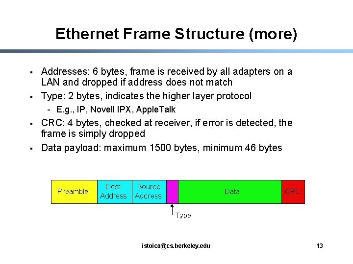 Ethernet Frame Structure (more) § § Addresses: 6 bytes, frame is received by all